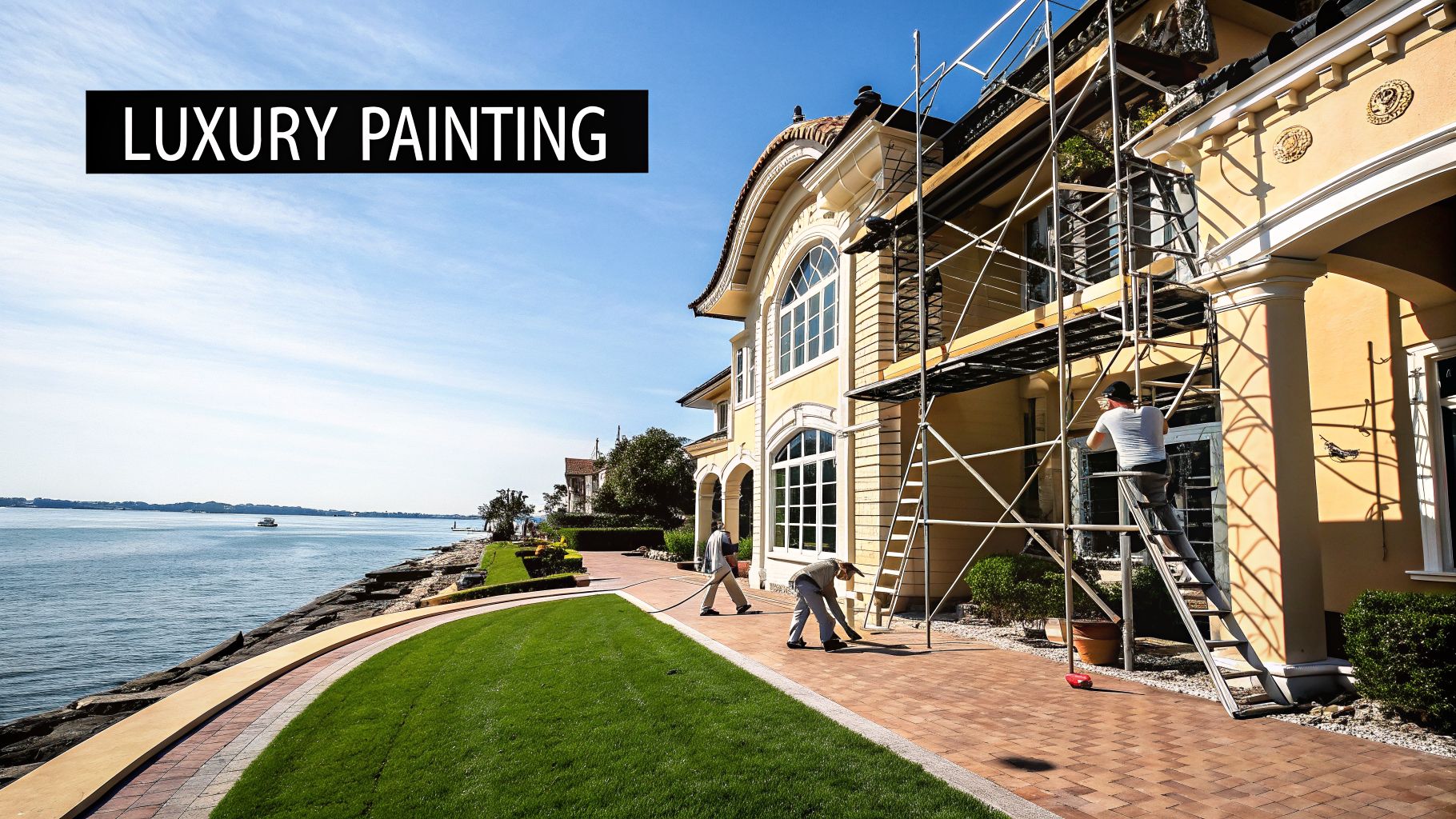 Workers prepare and paint a luxurious waterfront house with scaffolding, illustrating a high-end exterior painting service.