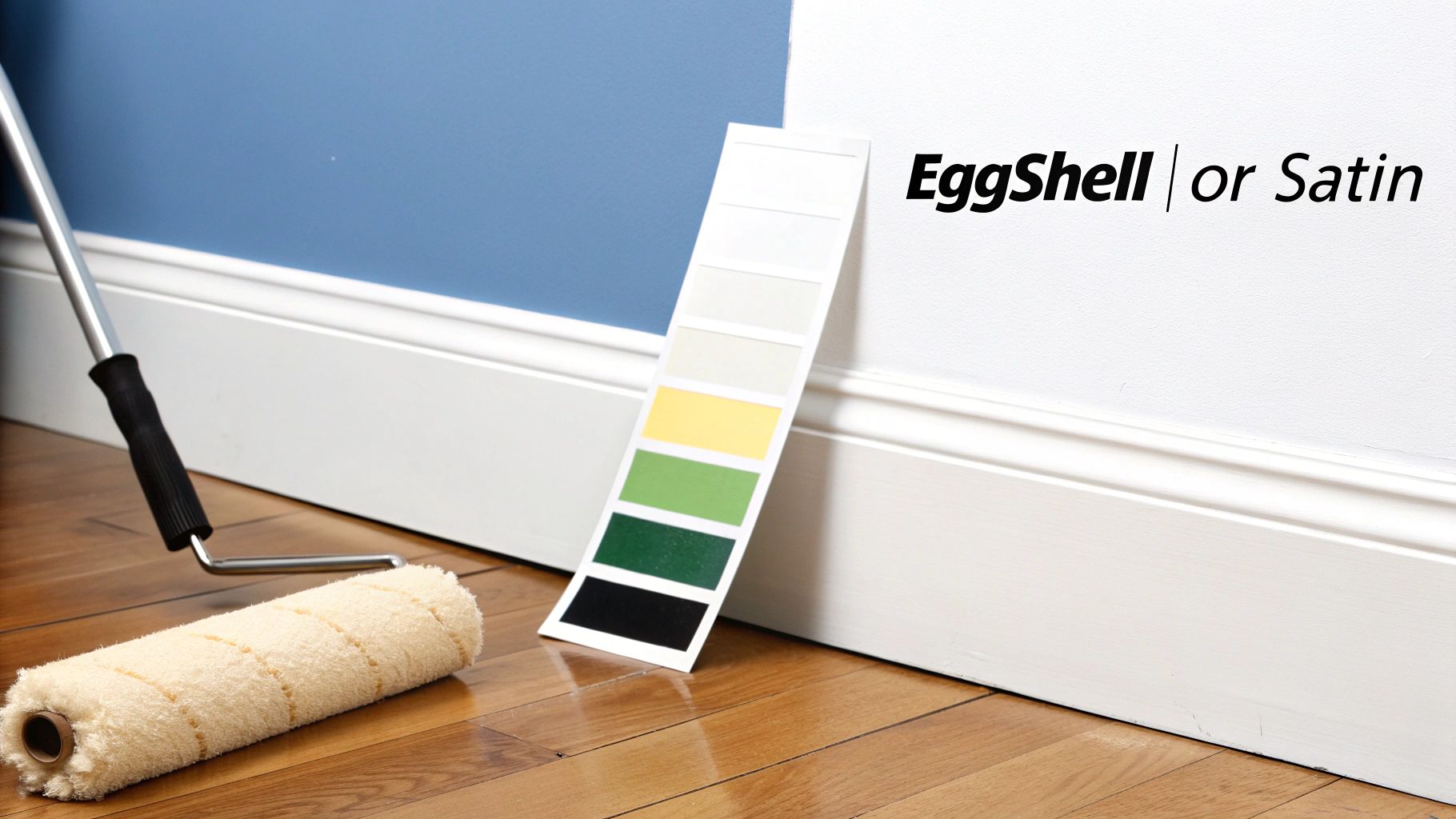 A paint roller, color swatch card, and white baseboards against blue and white walls, offering EggShell or Satin paint sheen choices.