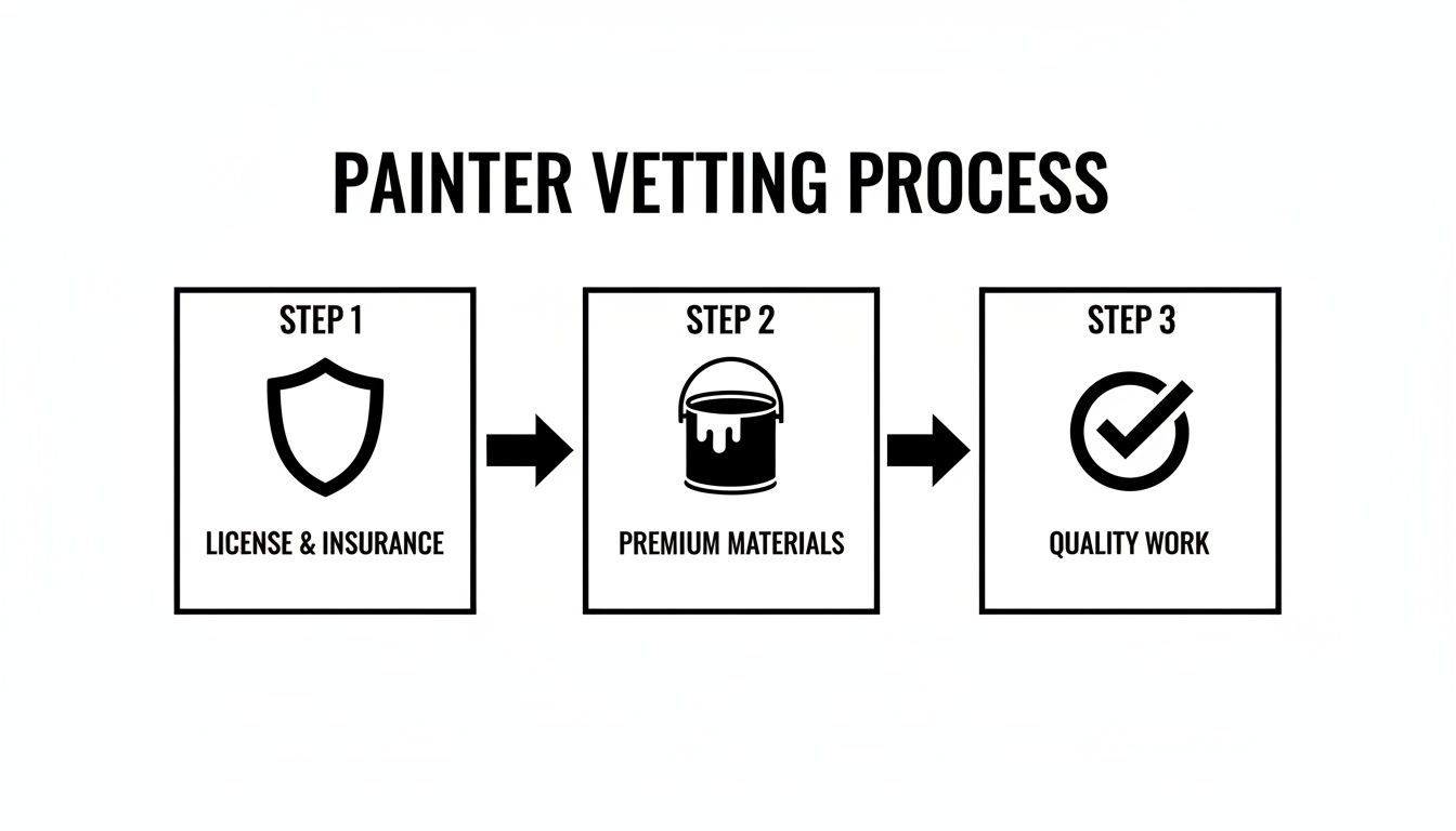 Infographic showing the three-step painter vetting process: license & insurance, premium materials, and quality work.