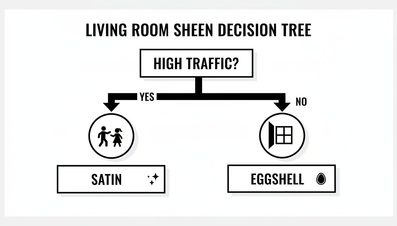 A decision tree flowchart guides users on choosing paint sheen for a living room based on traffic.