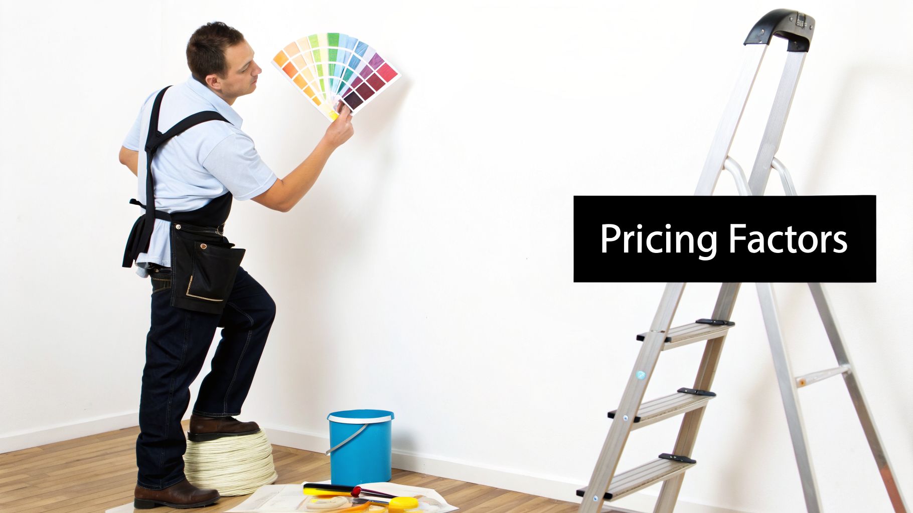 A painter selects colors from swatches on a white wall with a ladder. Text: Pricing Factors.