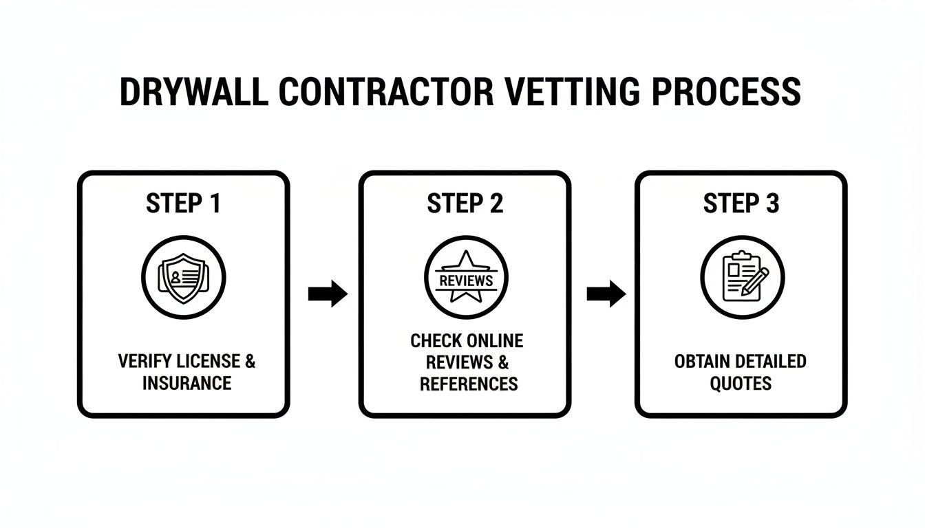 Infographic showing a 3-step drywall contractor vetting process: verify license, check reviews, obtain quotes.