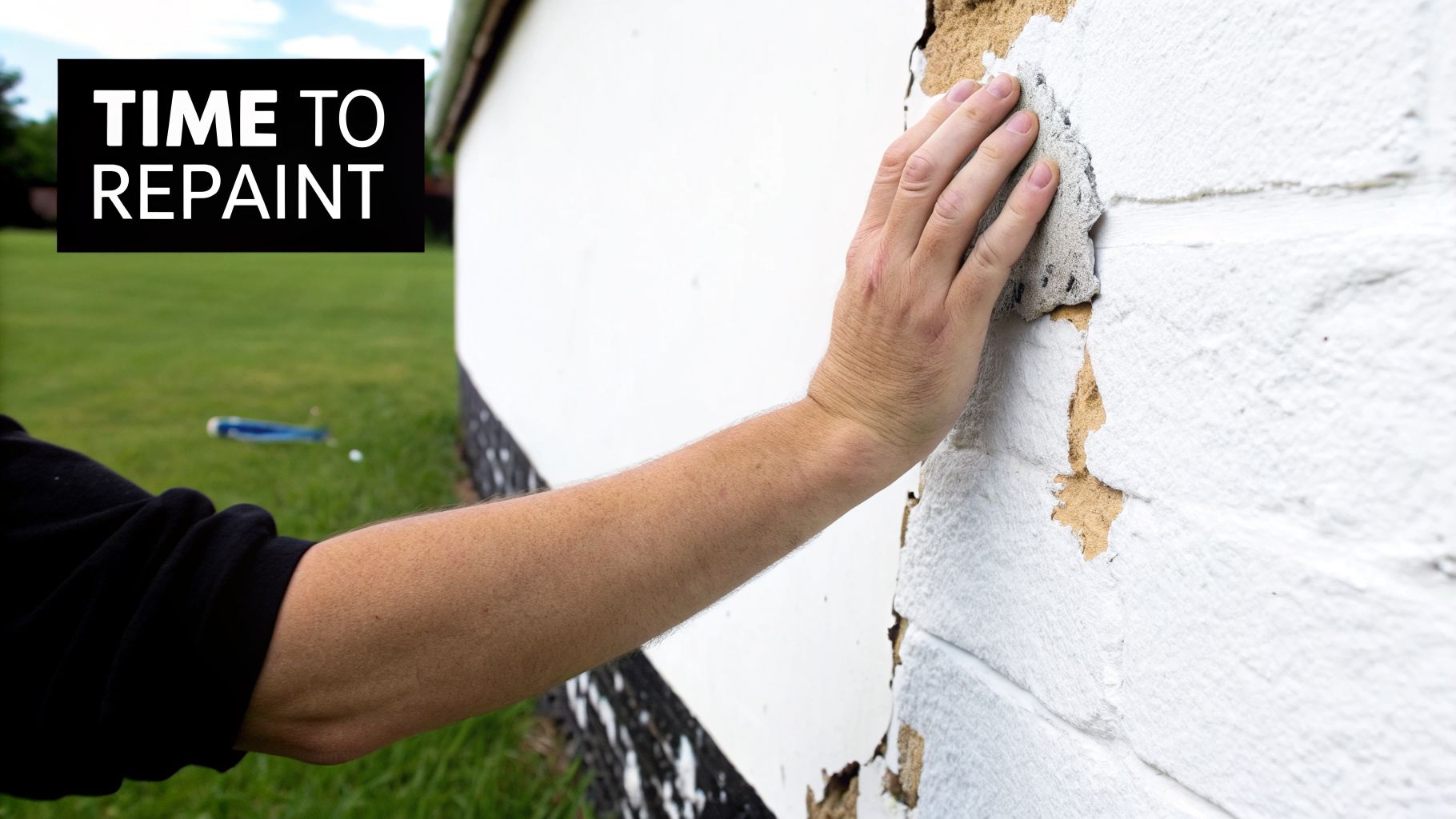 Close-up of a hand scrubbing a peeling white house wall with 'TIME TO REPAINT' text.