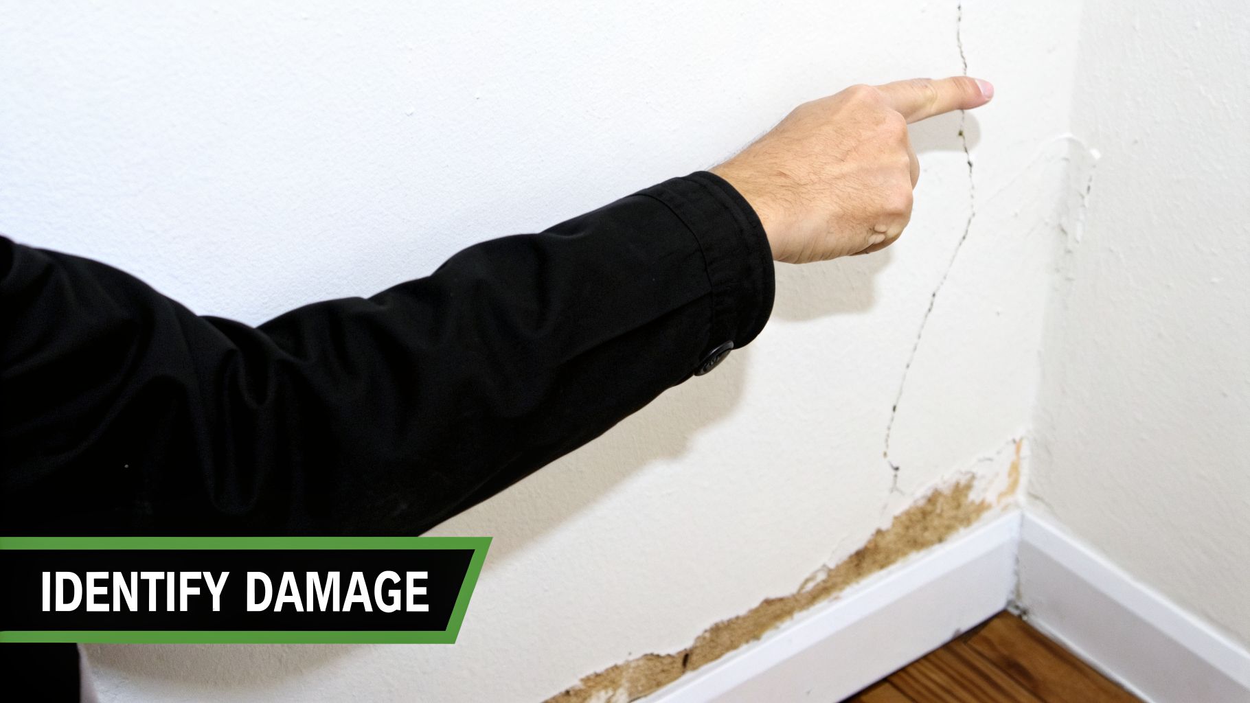A hand points to severe cracks and peeling paint on a white wall, revealing damaged drywall.