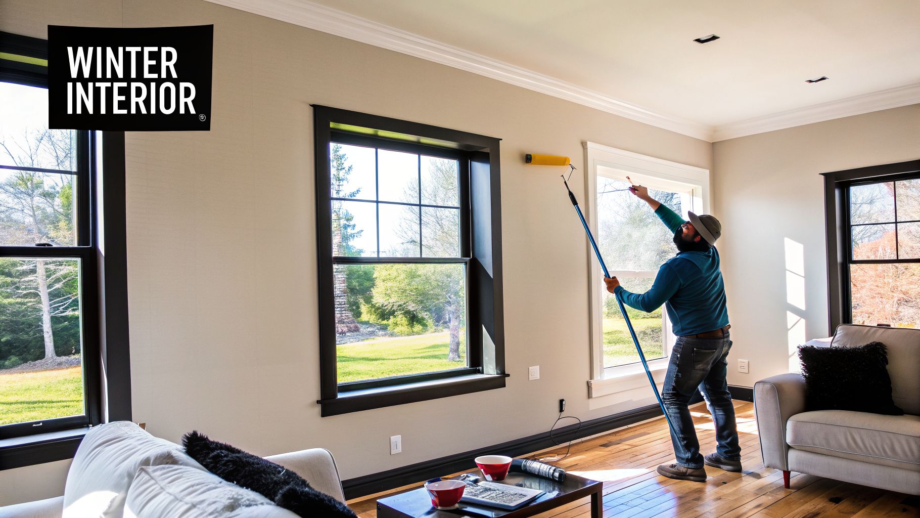 A man wearing a hat and beard uses a paint roller on an extension pole to paint an interior wall.