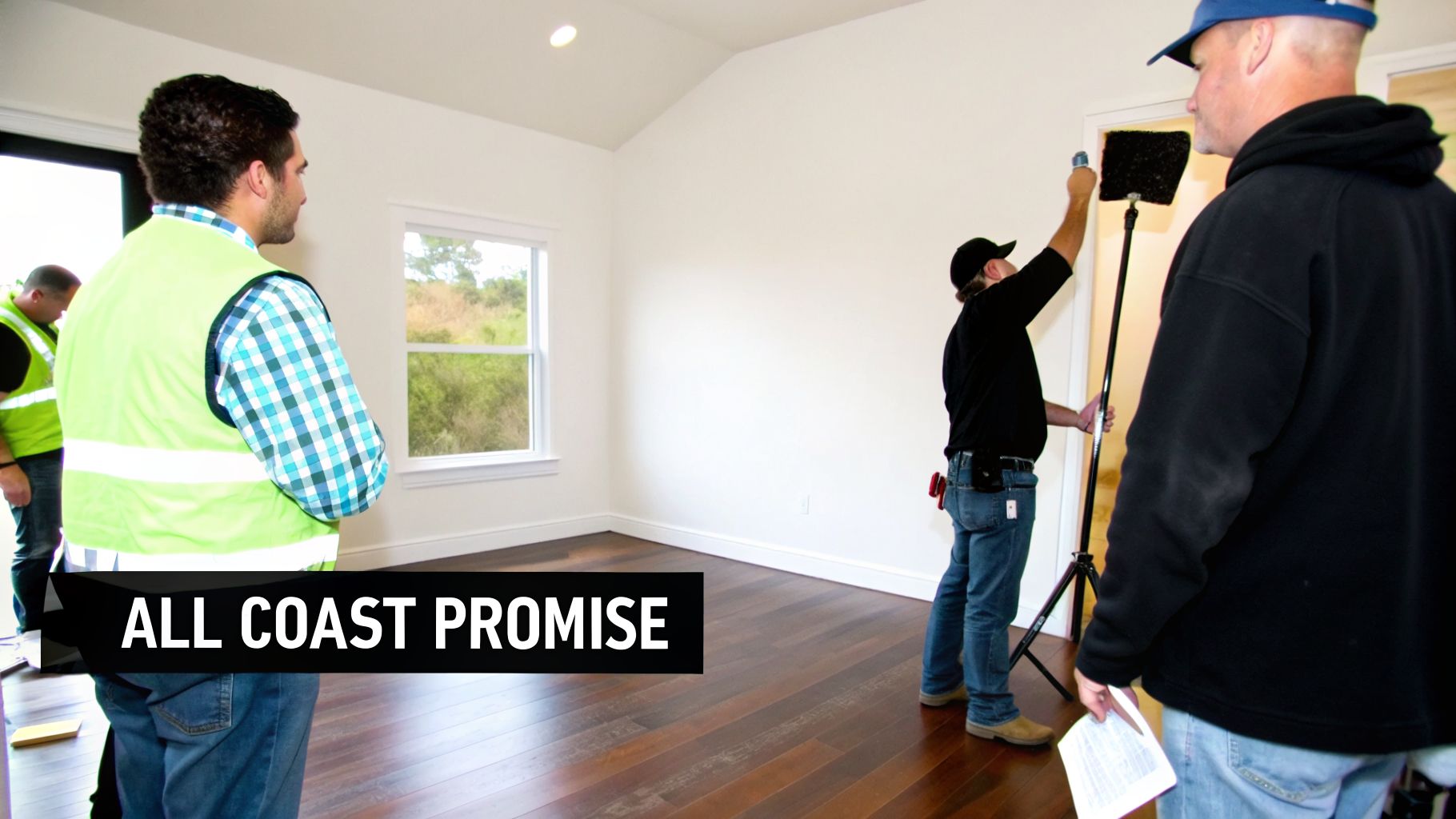 Three men setting up equipment in a bright, modern room with white walls and dark wood floors.
