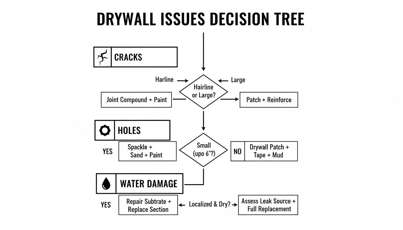 A decision tree flowchart outlining the repair process for common drywall issues like cracks, holes, and water damage.