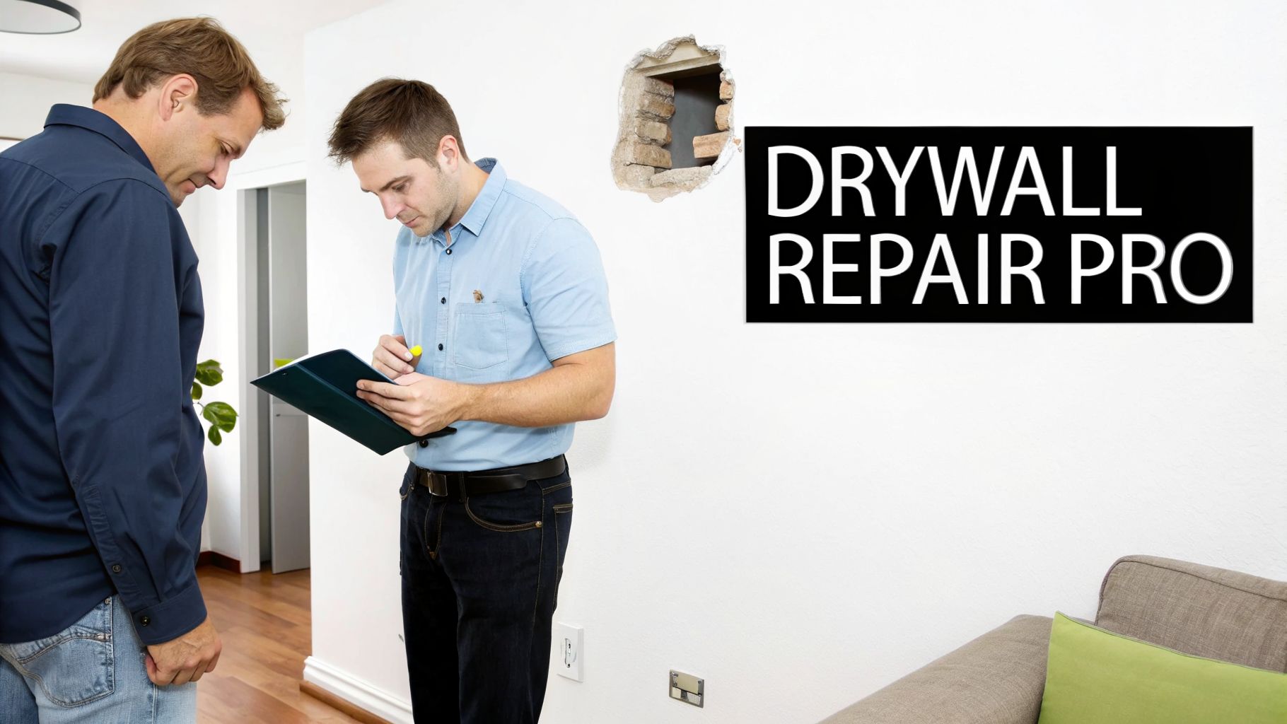 Two men discussing a drywall repair project, one writing on a clipboard, next to a damaged wall.