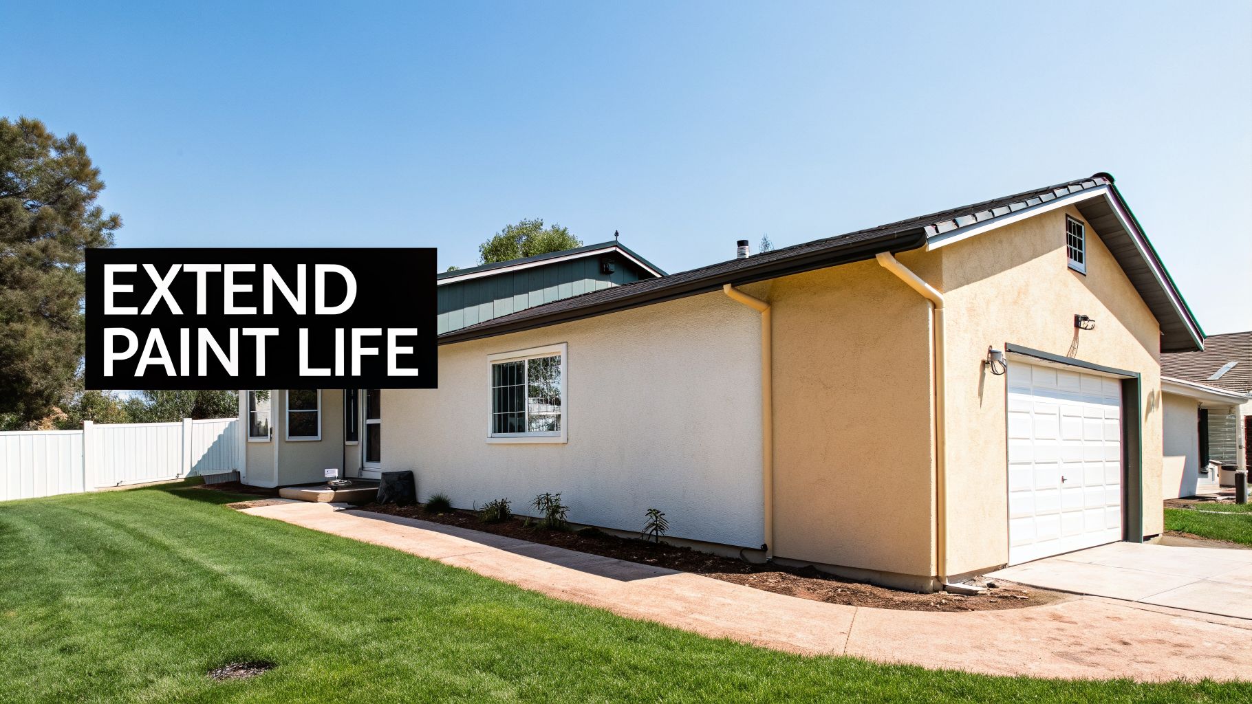 Side view of a painted house with a garage, green grass, and 'EXTEND PAINT LIFE' text.