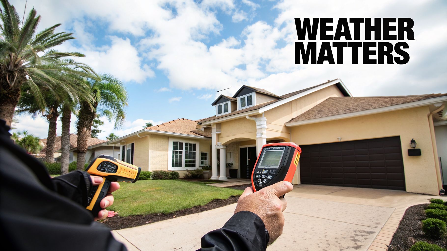 A person holds two thermal cameras, inspecting a residential house with palm trees under a cloudy sky.