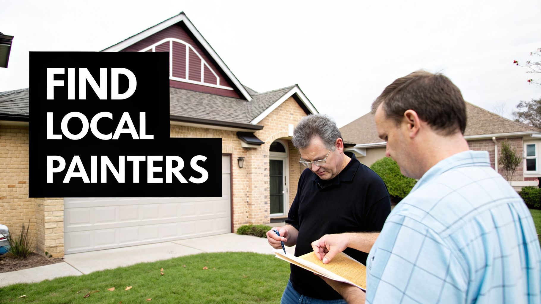 Two men discussing a painting project on documents in front of a house, with 'FIND LOCAL PAINTERS' text overlay.