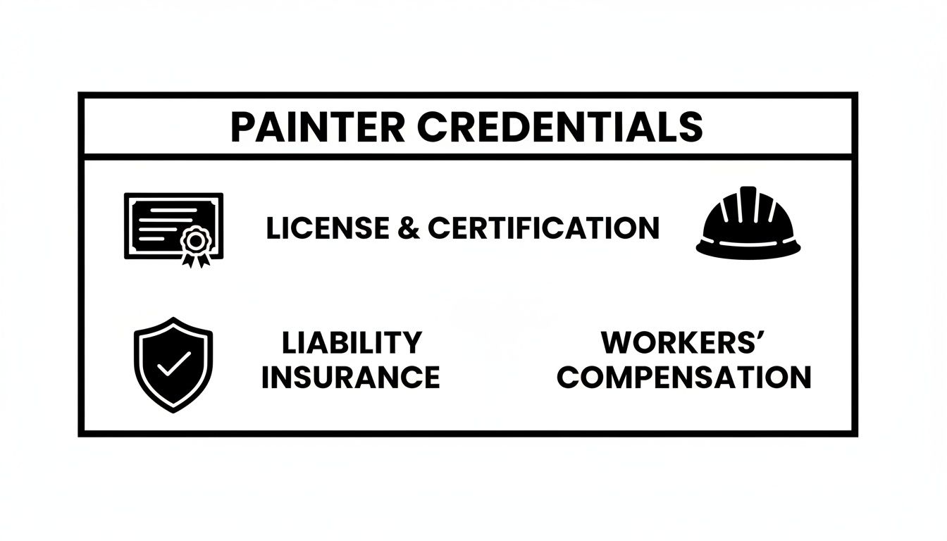 A graphic listing essential painter credentials: license, certification, liability insurance, and workers' compensation.