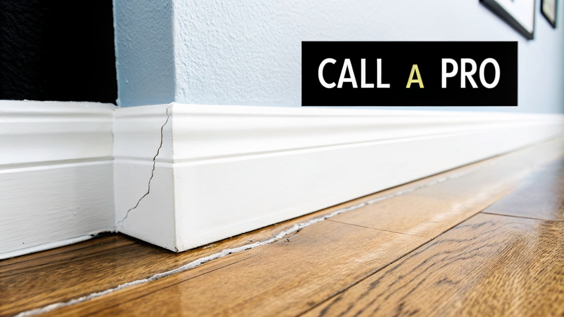 A close-up of a cracked white baseboard and floor, with text 'CALL A PRO' indicating professional repair.