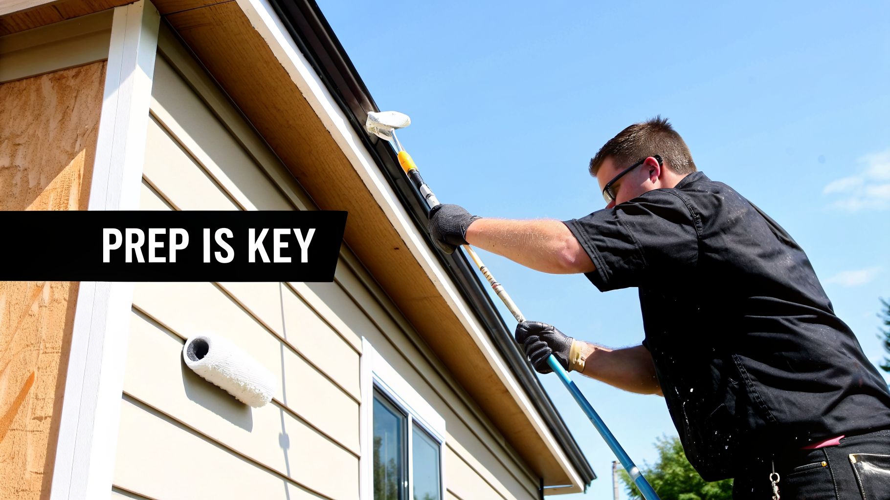 Man painting exterior house trim with a long roller, bright blue sky in the background.