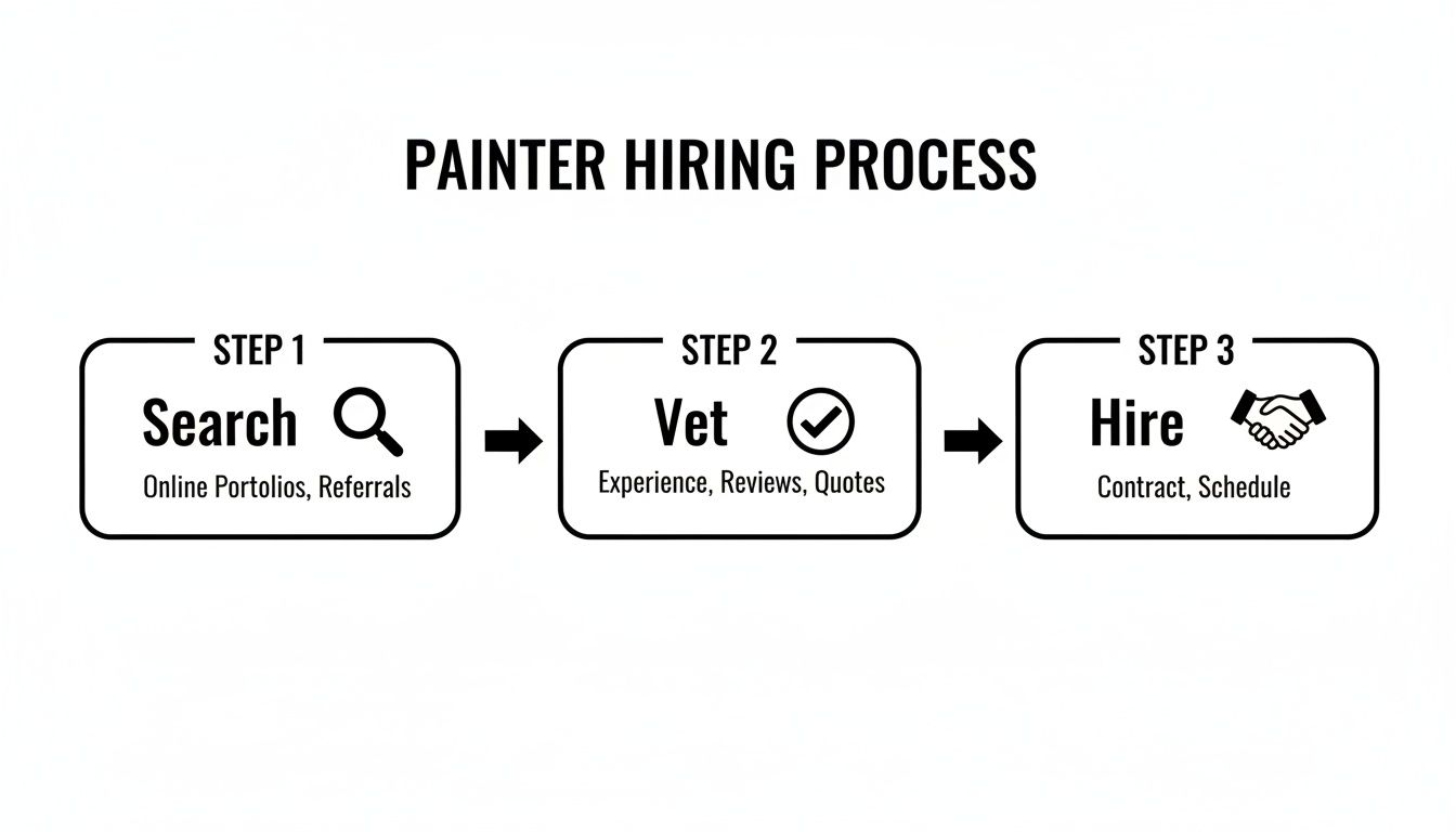 Infographic outlining the painter hiring process with three steps: Search, Vet, and Hire, showing details for each.