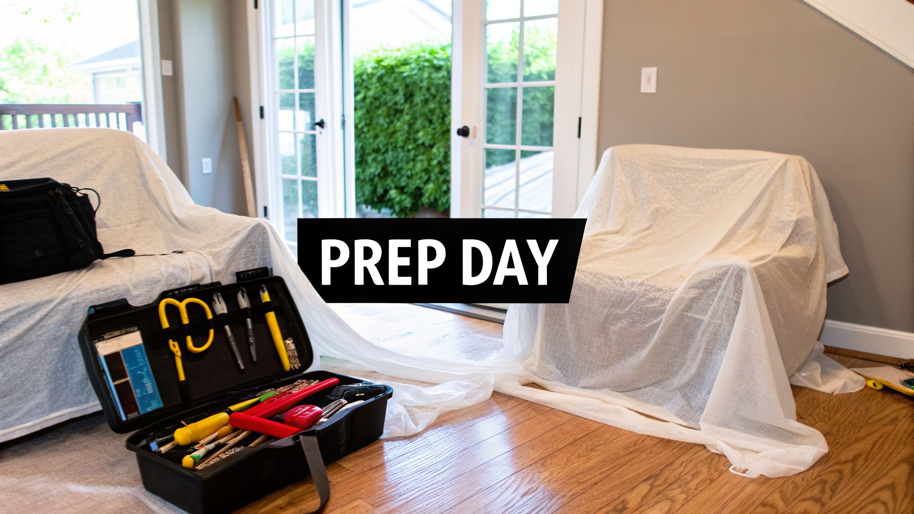 A room prepared for painting, with furniture covered by white drop cloths and an open toolbox on a wooden floor.