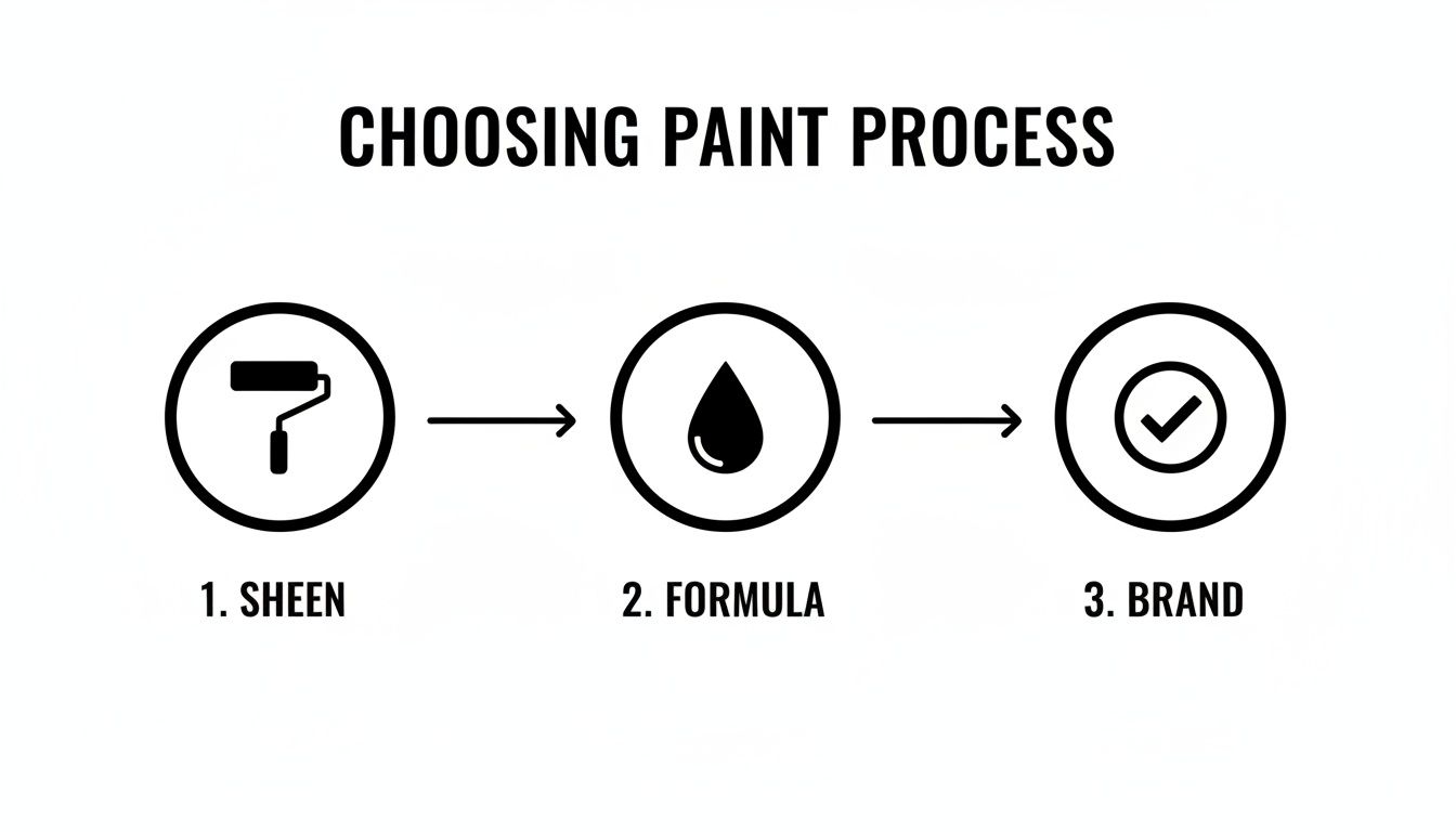 Flowchart illustrating the paint selection process: Sheen, Formula, and Brand steps.