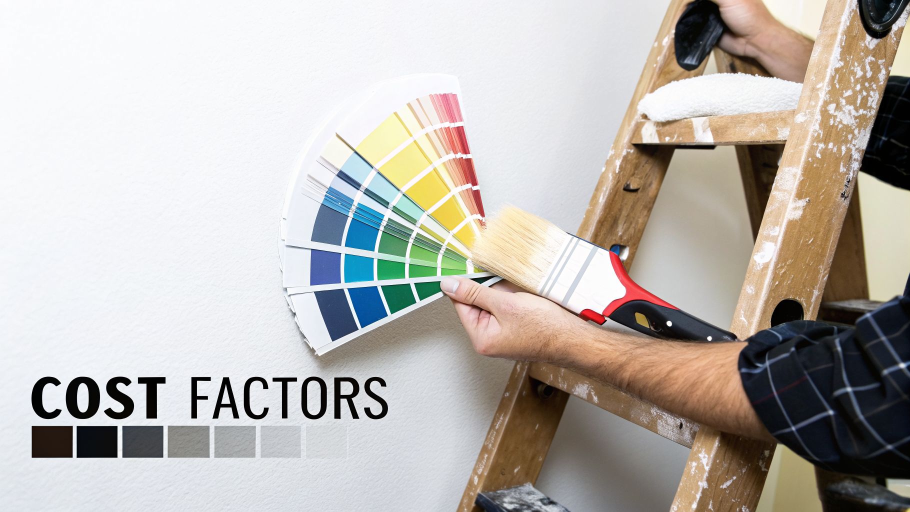 A person holds a paint brush and a color palette fan, choosing colors for interior painting.