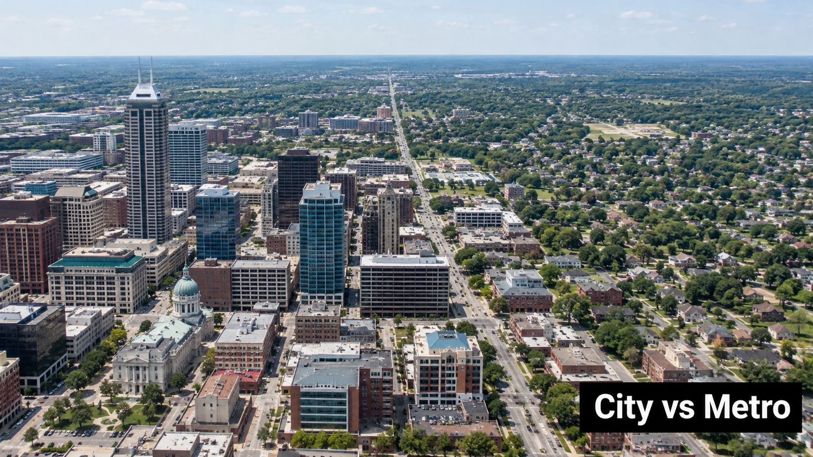 An aerial view of the Indianapolis city skyline featuring tall office buildings and residential areas.