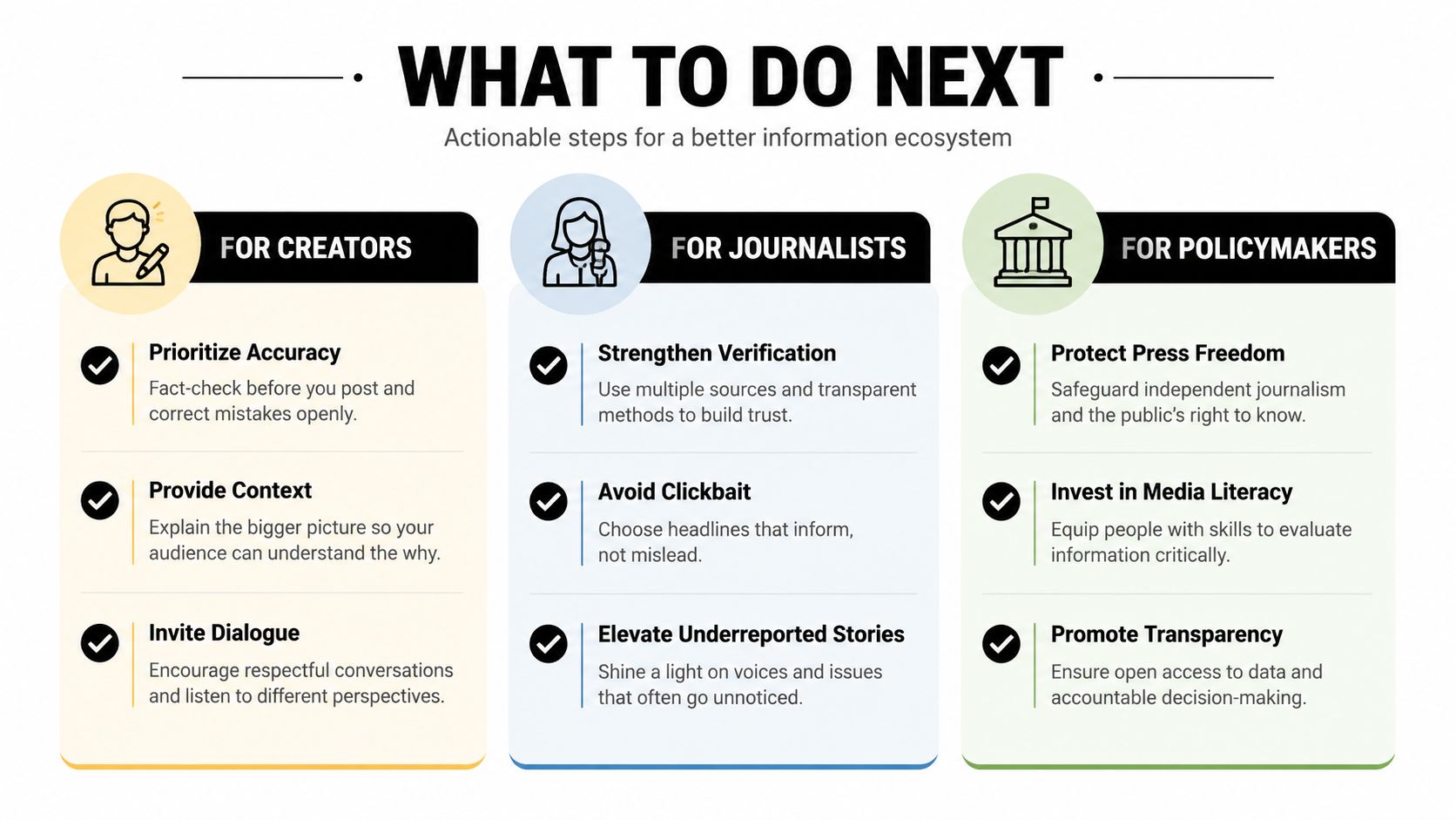 An infographic titled What Creators, Journalists, and Policymakers Should Do Next outlining actionable steps for creators, journalists, and policymakers to improve information.