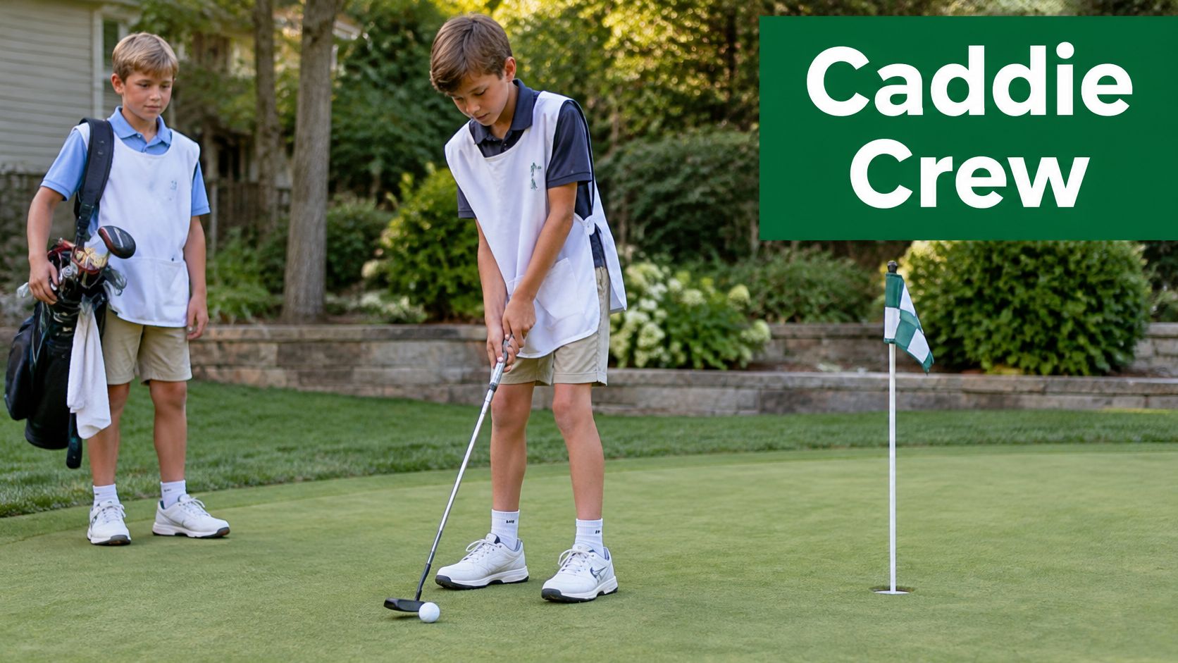 Two young boys dressed in caddie uniforms practice putting on a professional golf green together.