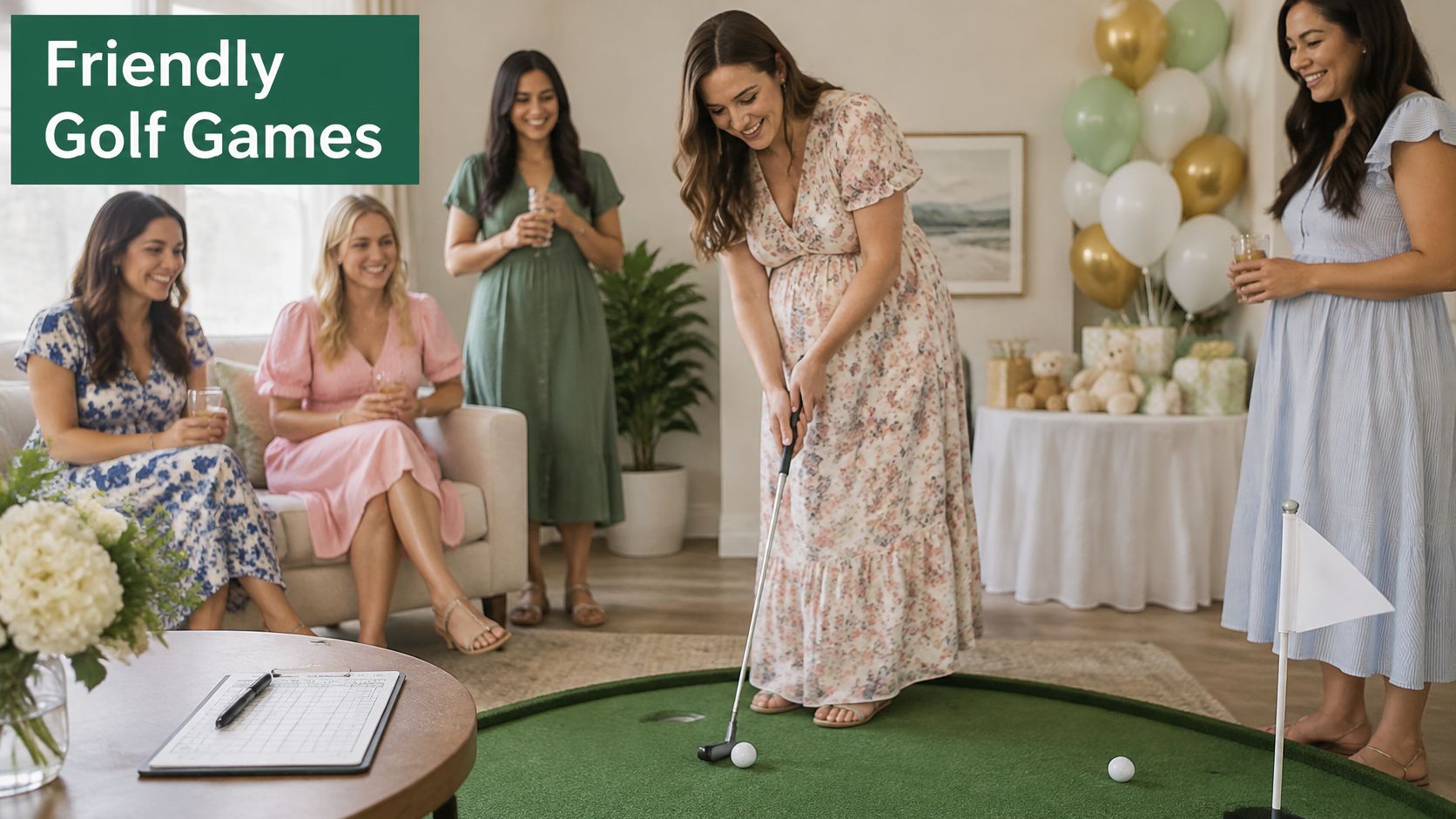 A group of women laughing and playing a mini golf game at a baby shower celebration.