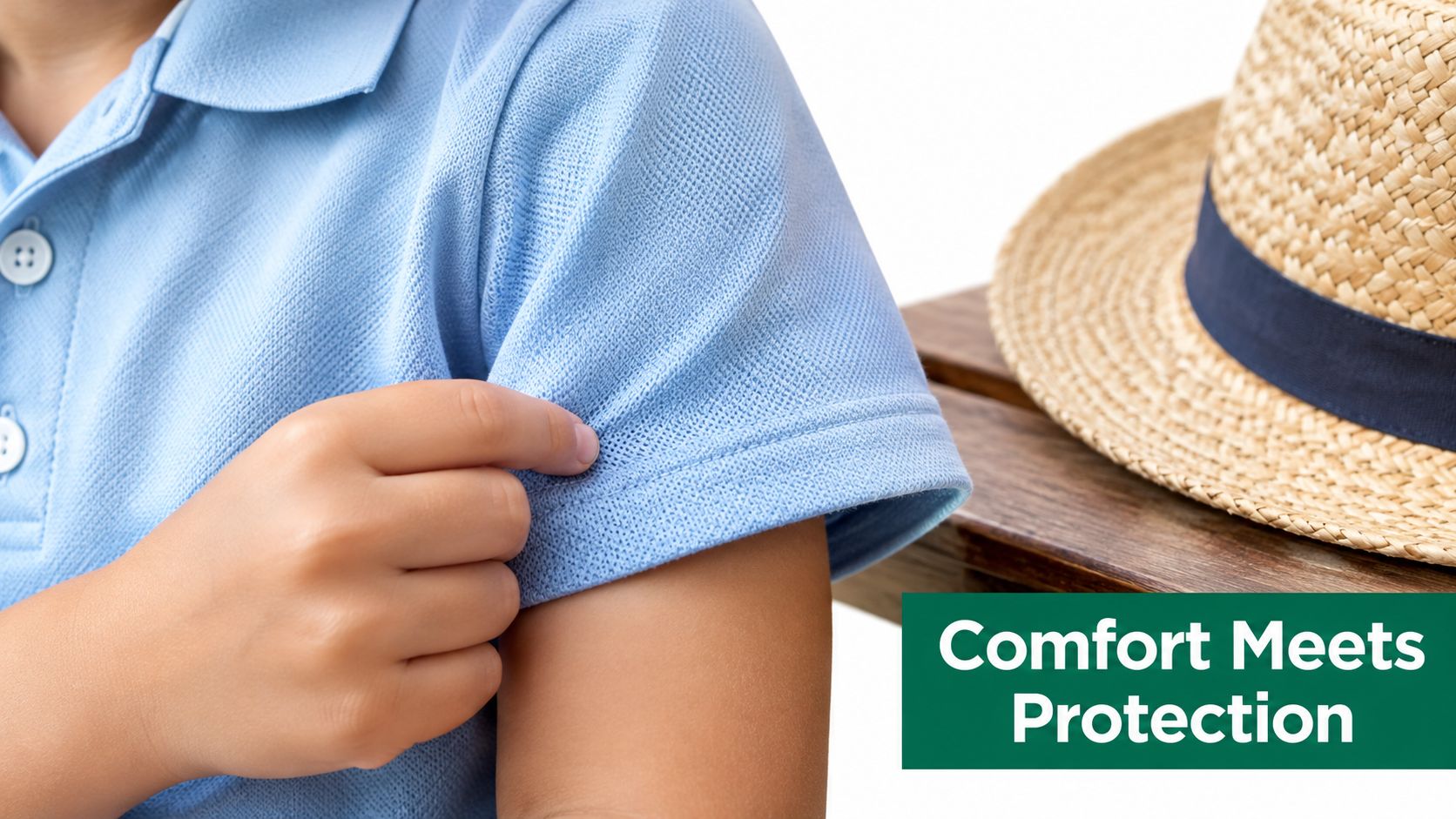 A close-up of a child wearing a light blue polo shirt beside a straw sun hat.