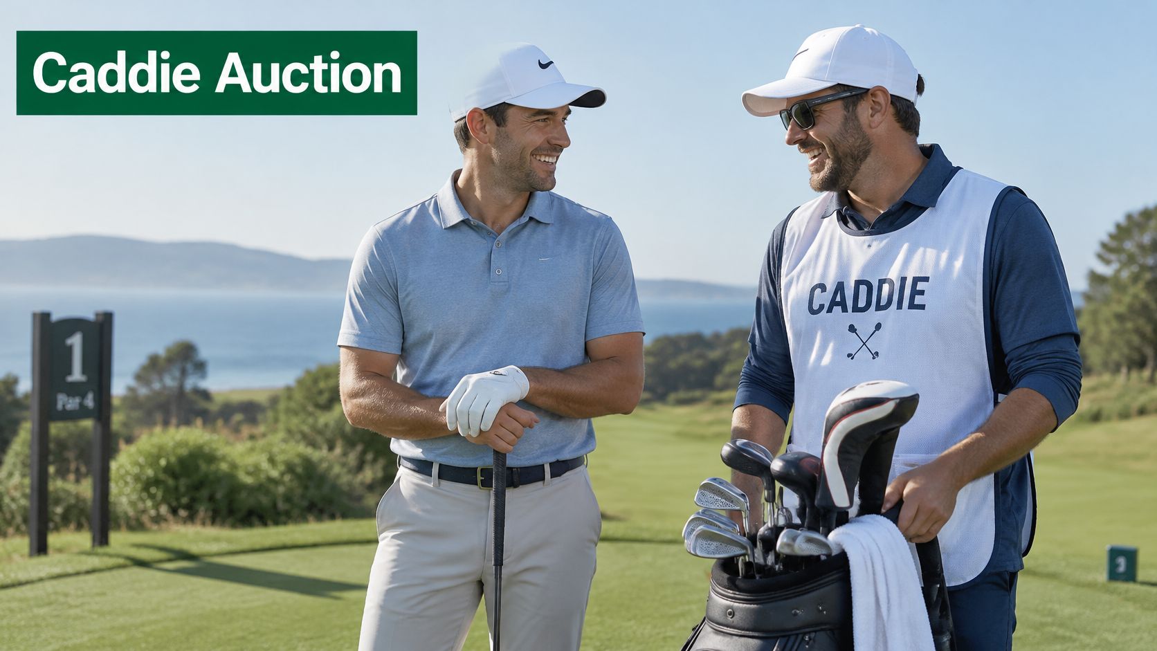 A professional golfer smiling at his caddie on a sunny golf course with the ocean behind.
