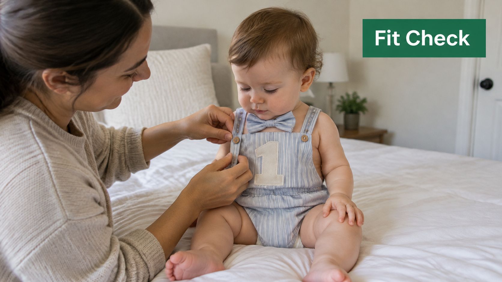 A mother gently adjusting the straps of a baby boy's first birthday striped romper cake smash outfit.