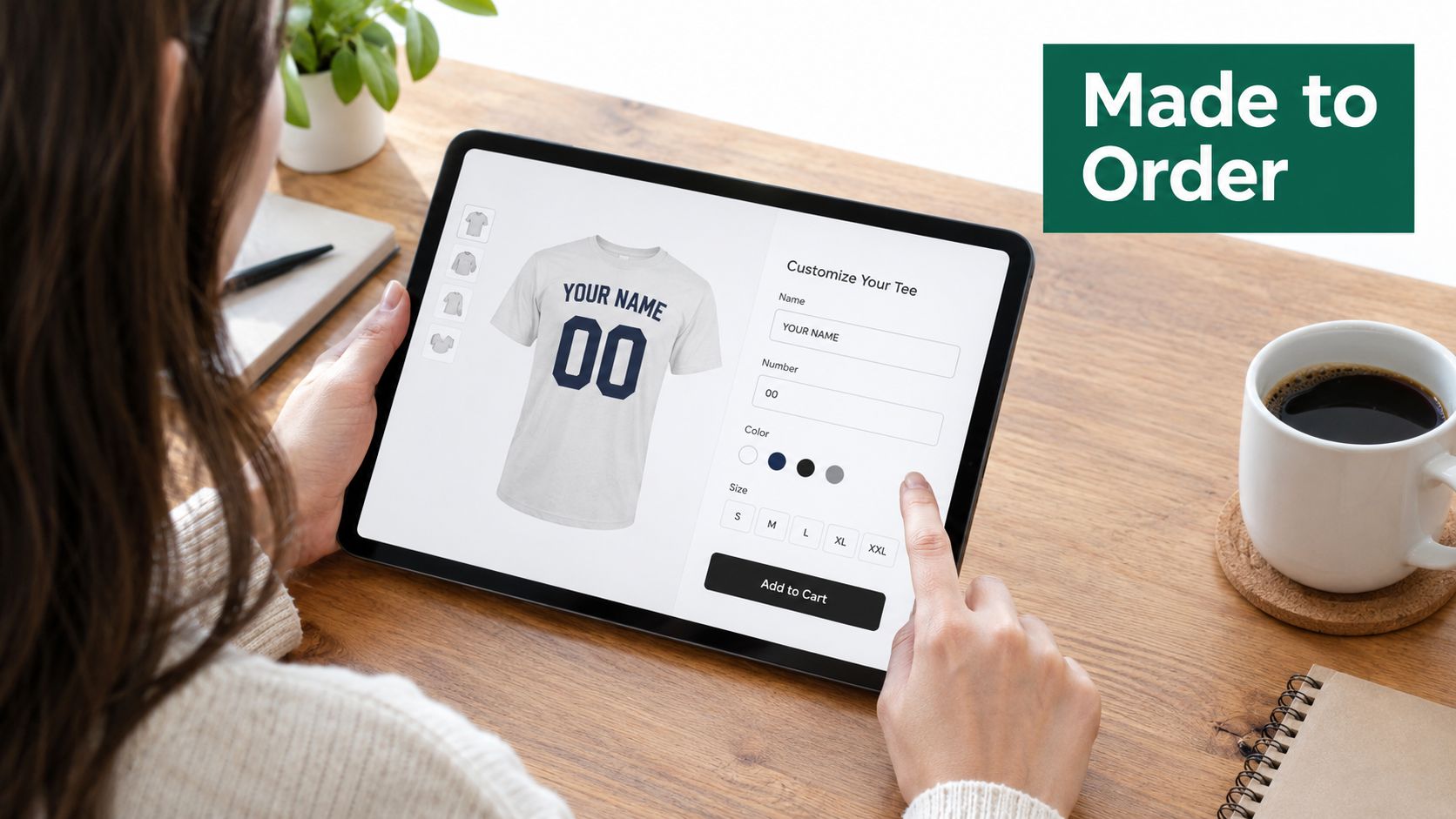 A person using a tablet to customize a white t-shirt with a name and number online.