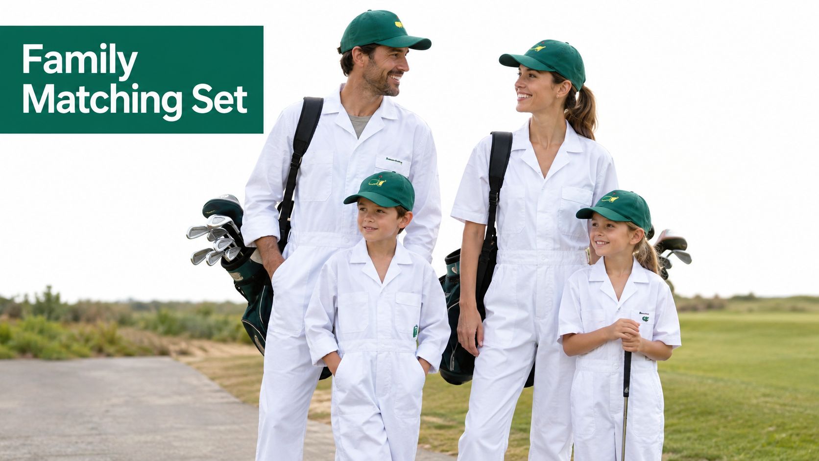 A happy family of four wearing matching white golf caddie jumpsuits and green hats on a golf course.
