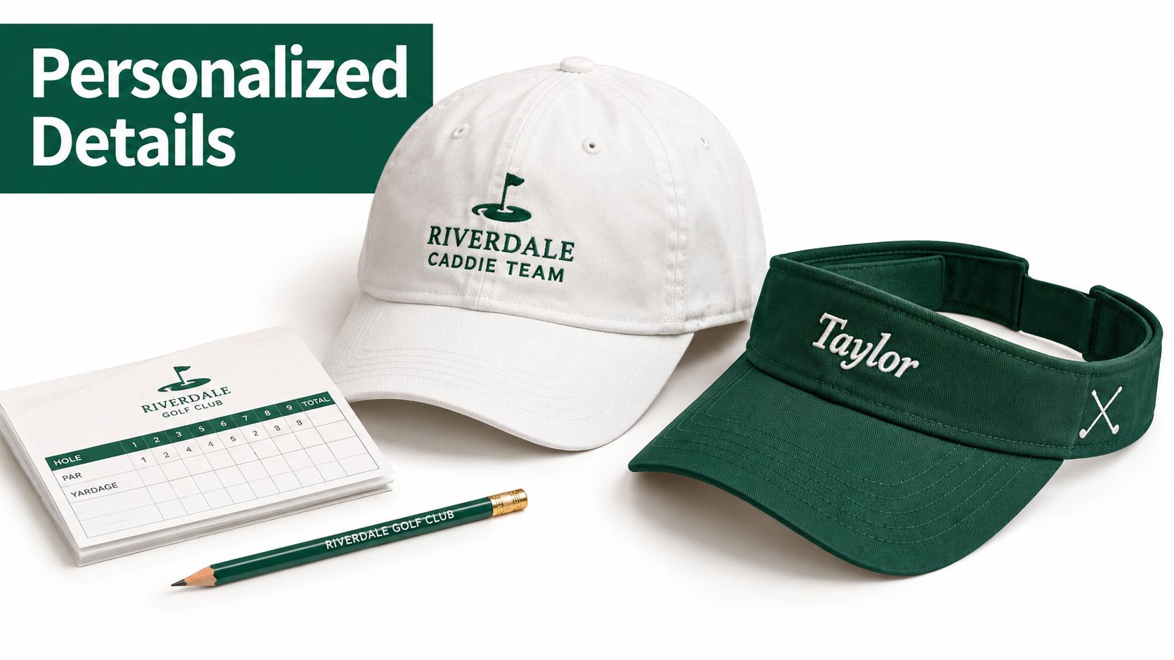 A white golf cap, a green visor personalized with Taylor, a golf scorecard, and a green pencil.