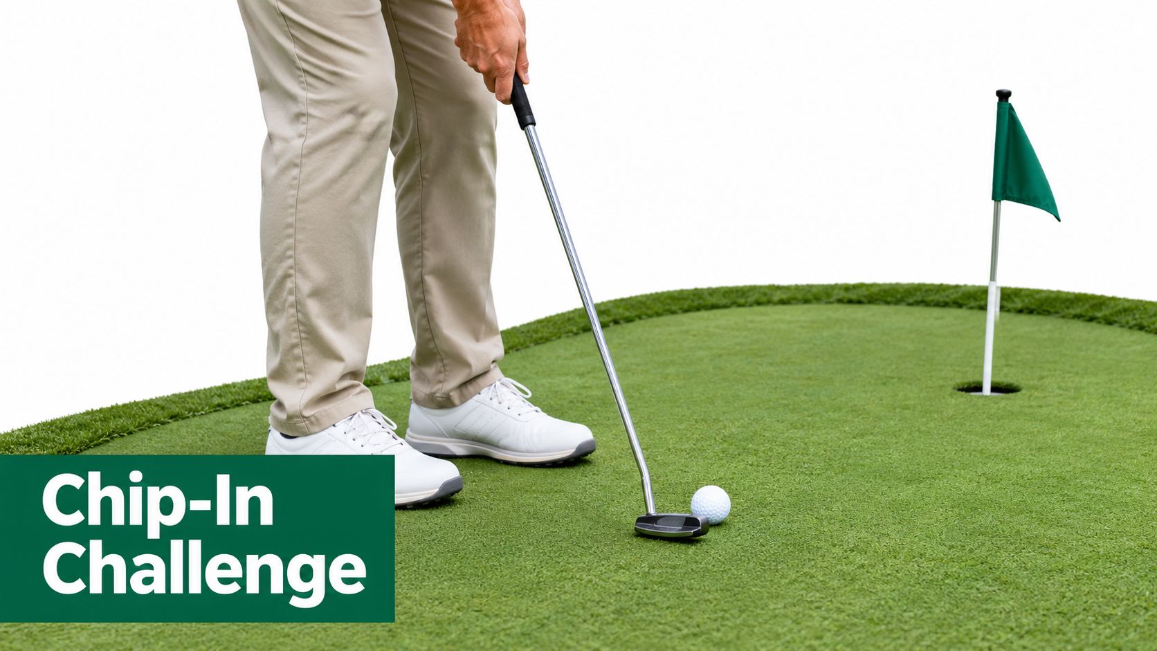 A person in khakis putting a golf ball on a green with a flag in the hole.