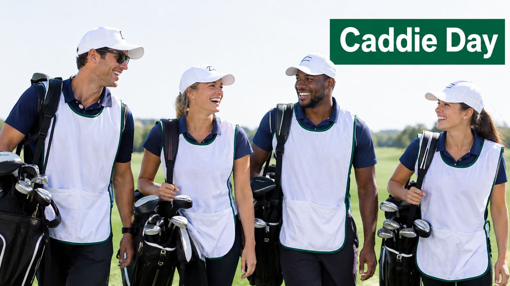 A group of diverse, smiling golf caddies walking together on a sunny golf course carrying their golf bags.