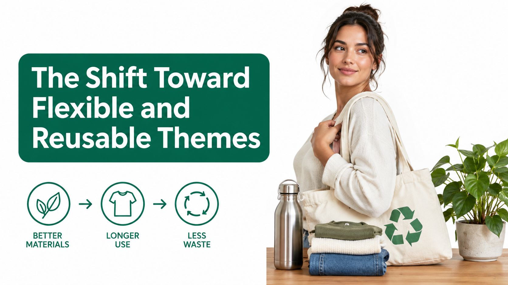 A woman holding a reusable tote bag beside a stack of clothes, water bottle, and potted plant.
