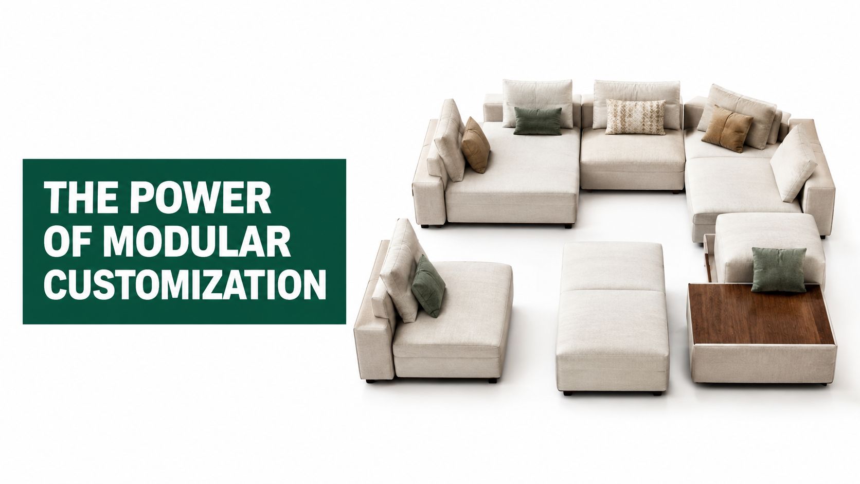 A large, modern modular sectional sofa in beige fabric with decorative pillows on a white background.
