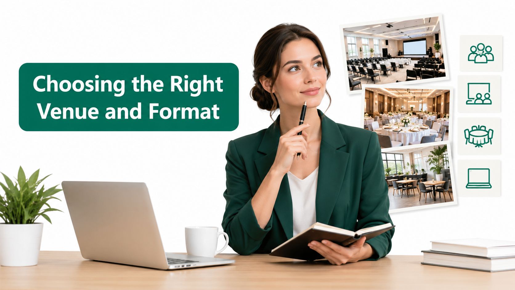 A businesswoman in a green blazer planning event venue options with photos of meeting spaces and icons.