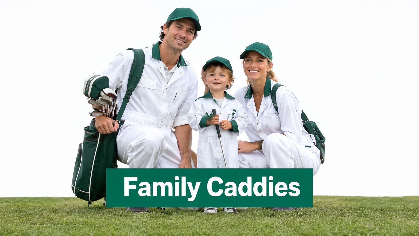 A family of three, including a toddler, dressed in matching white and green professional golf caddy uniforms.