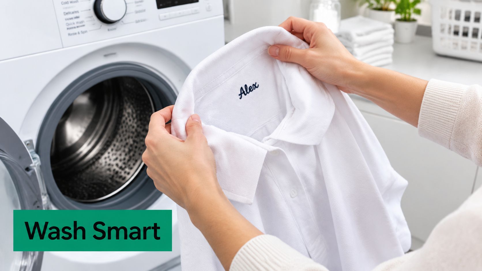 A person holding a white polo shirt with the name Alex embroidered inside near a washing machine.