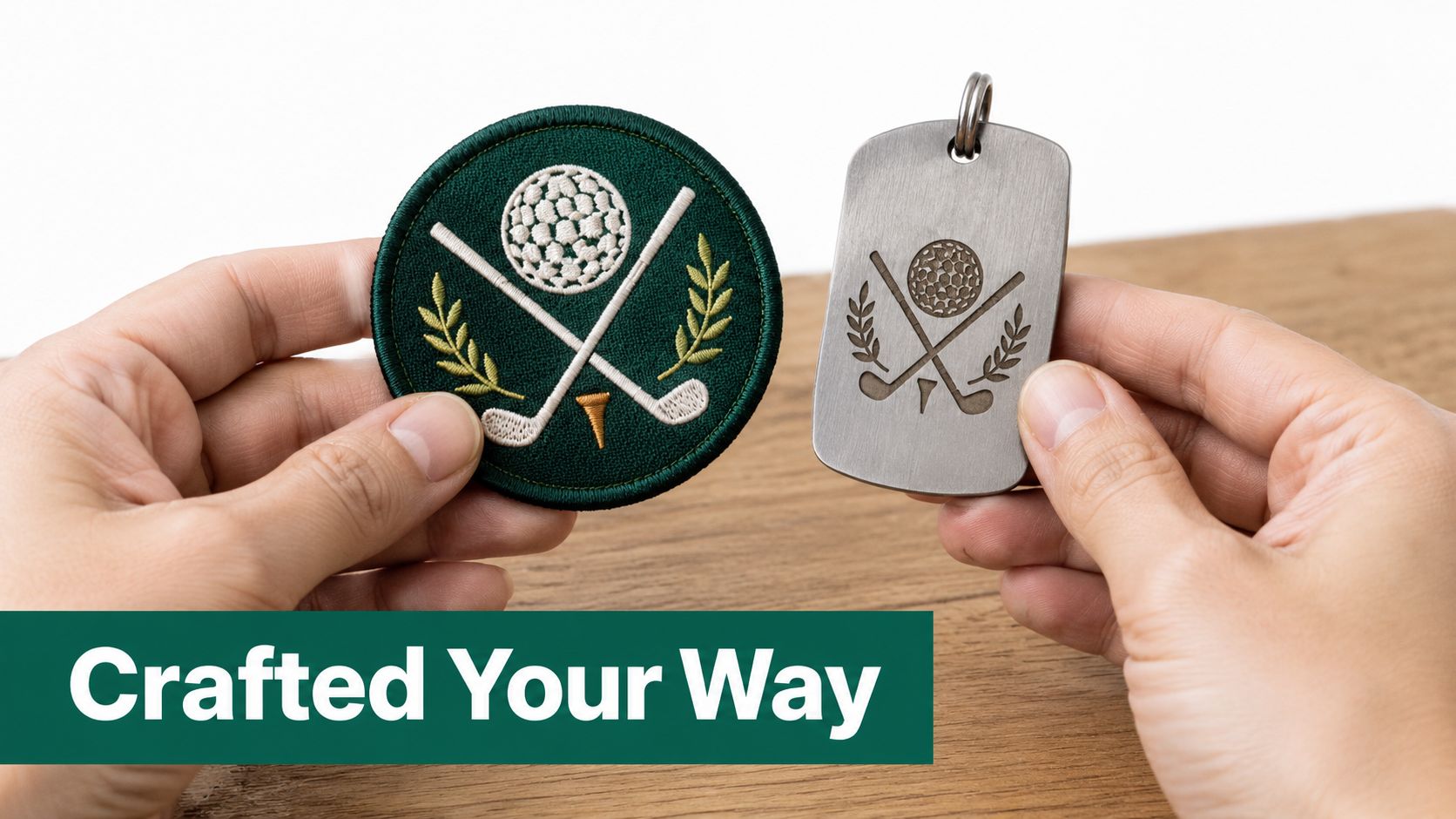 A person holding a green embroidered golf patch and a metal dog tag with golf branding.