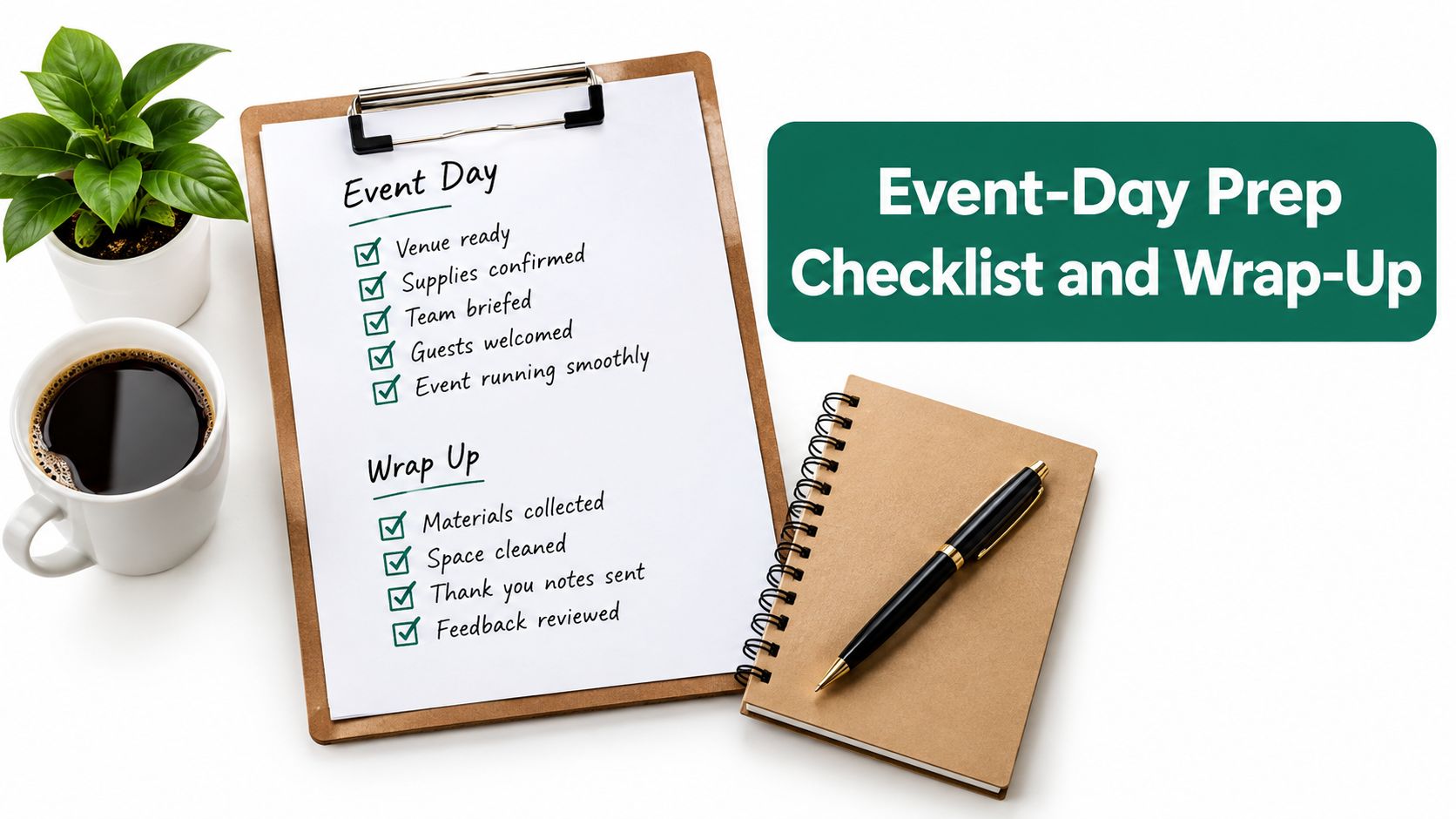 A clipboard with an event preparation and wrap-up checklist, next to a notebook, pen, coffee, and plant.