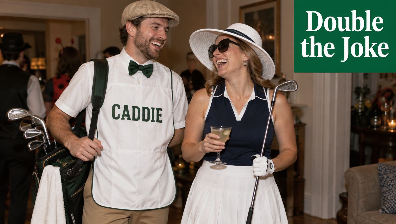A couple dressed in creative golf-themed funny Halloween costumes laughing together at an indoor party.