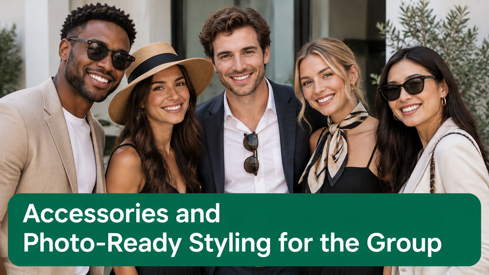 A diverse group of stylish friends posing together, dressed in elegant, photo-ready outfits for a social event.