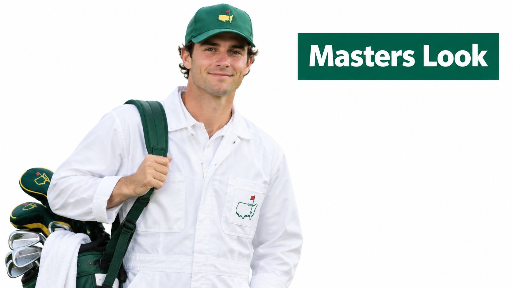 A smiling man dressed in the iconic white Masters caddie jumpsuit and green hat holding a golf bag.