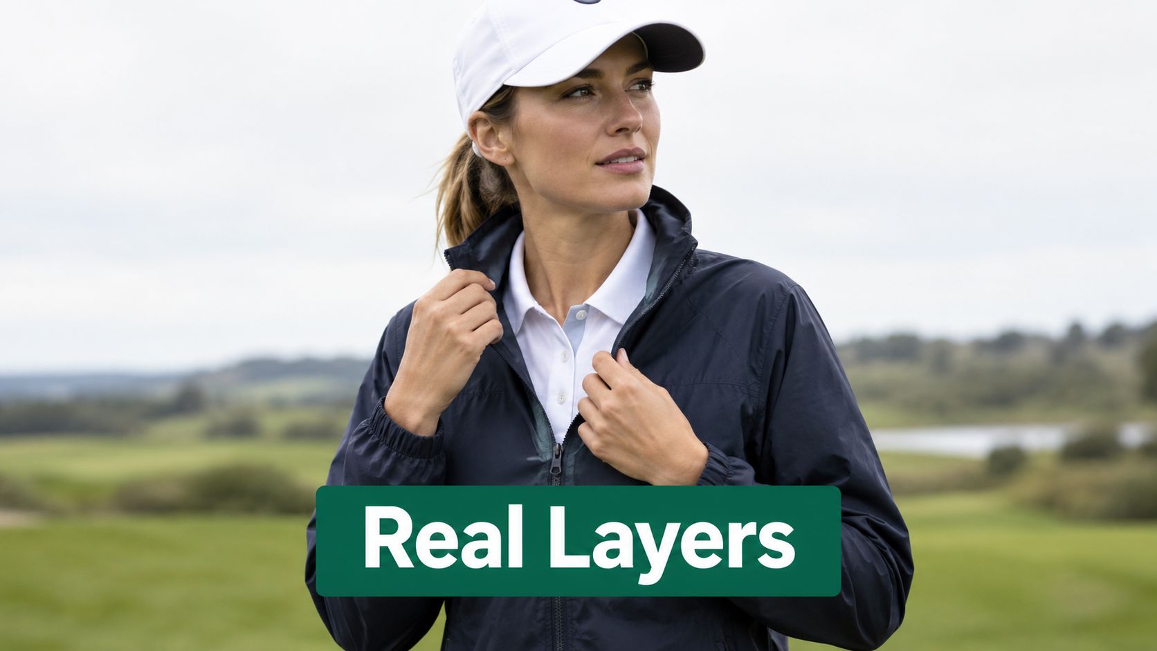 A woman wearing a white golf cap, collared polo shirt, and navy windbreaker jacket on a golf course.