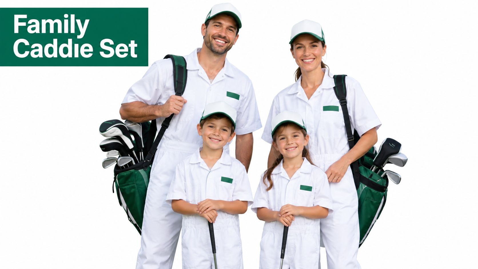 A happy family of four wearing white caddie uniforms and caps posing with golf bags