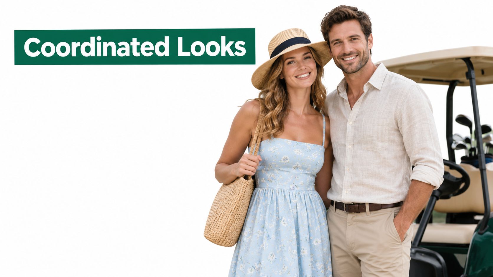 A smiling couple standing together near a golf cart, wearing light-colored summer outfits for a coordinated look.