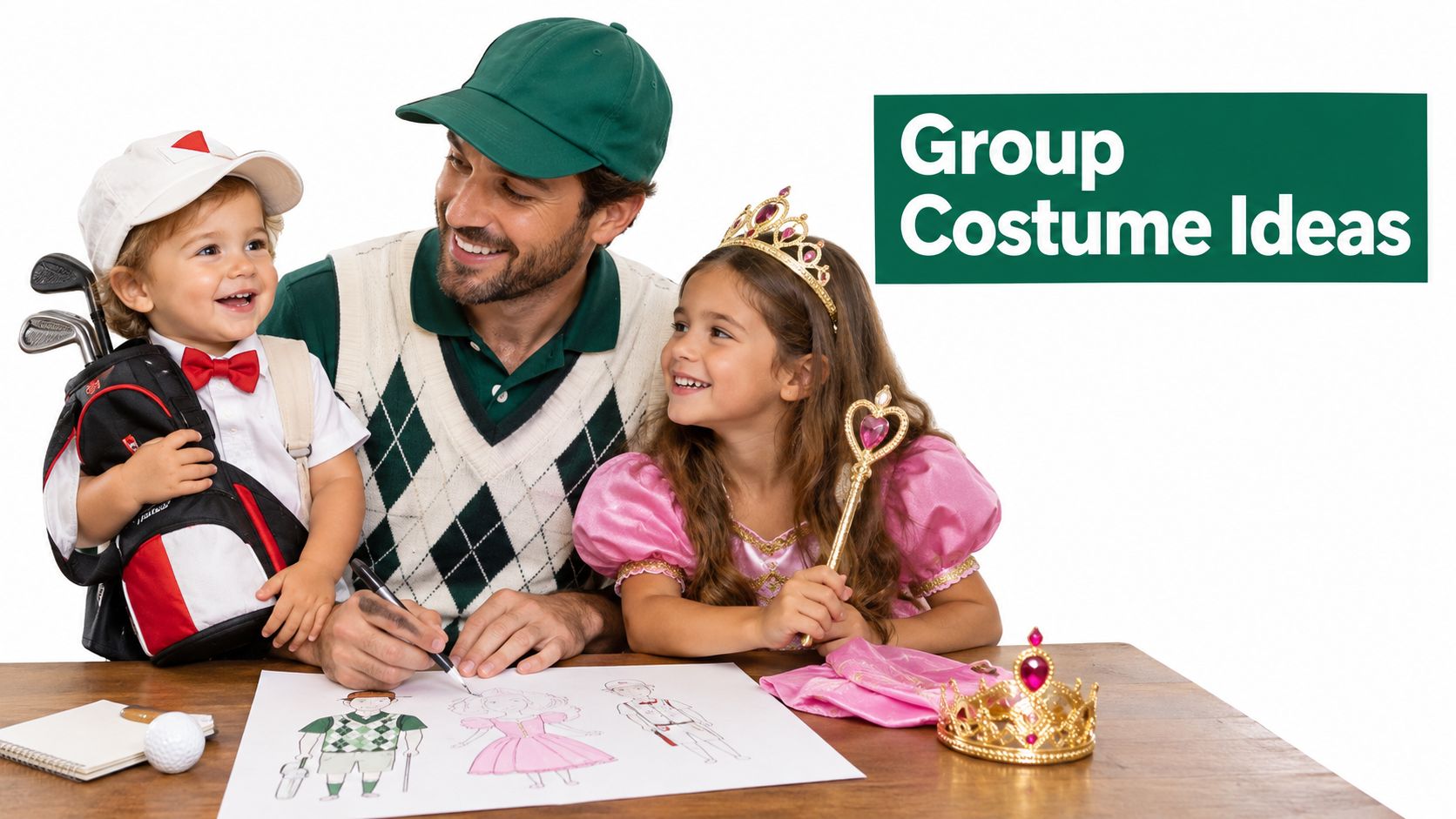 A smiling father and his two young children sitting at a table drawing costume designs together.