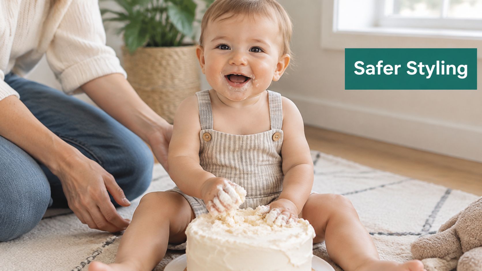A joyful baby wearing a striped cake smash outfit while playing with a white birthday cake.