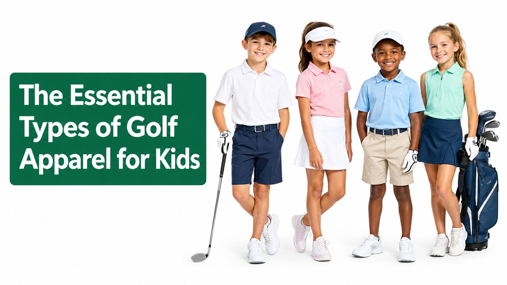 Four children wearing stylish golf apparel including polo shirts, shorts, and skirts against a white background.